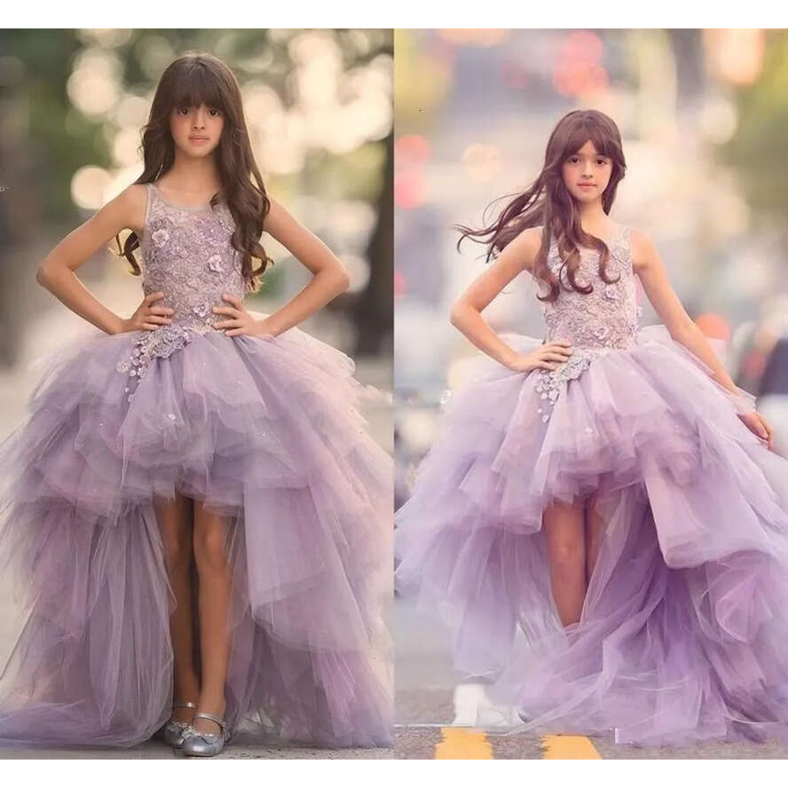 High Lavender 2017 Low Wer Dresses Scoop Appliques Beads Puffy Tulle Skirt Wedding Children Lovely Girls Pageant Dress