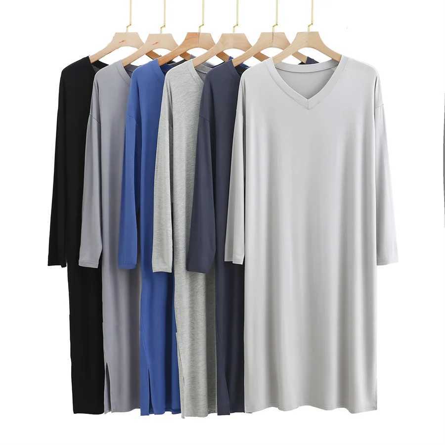New 2024 Mens Pajamas Robe Casual Mid-length Modal V-neck Home Clothes Soft Stretch Bathrobes Male Sleepwear Dress LoungewearXJ241018