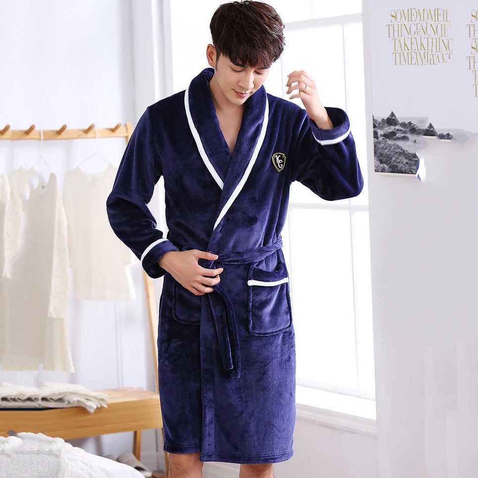 Men Casual Kimono Bathrobe Autumn Winter Flannel Long Robe Thick Warm Sleepwear Plus Size 3XL Nightgown Male Loose Home WearXJ241018