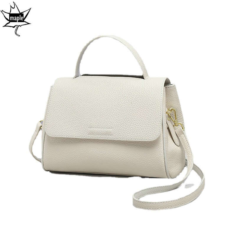 Elegant Beige White 2 Straps Shoulder Messenger Bag 100% Cow Leather Top-Handle Women Handbag Flap Crossbody Bags