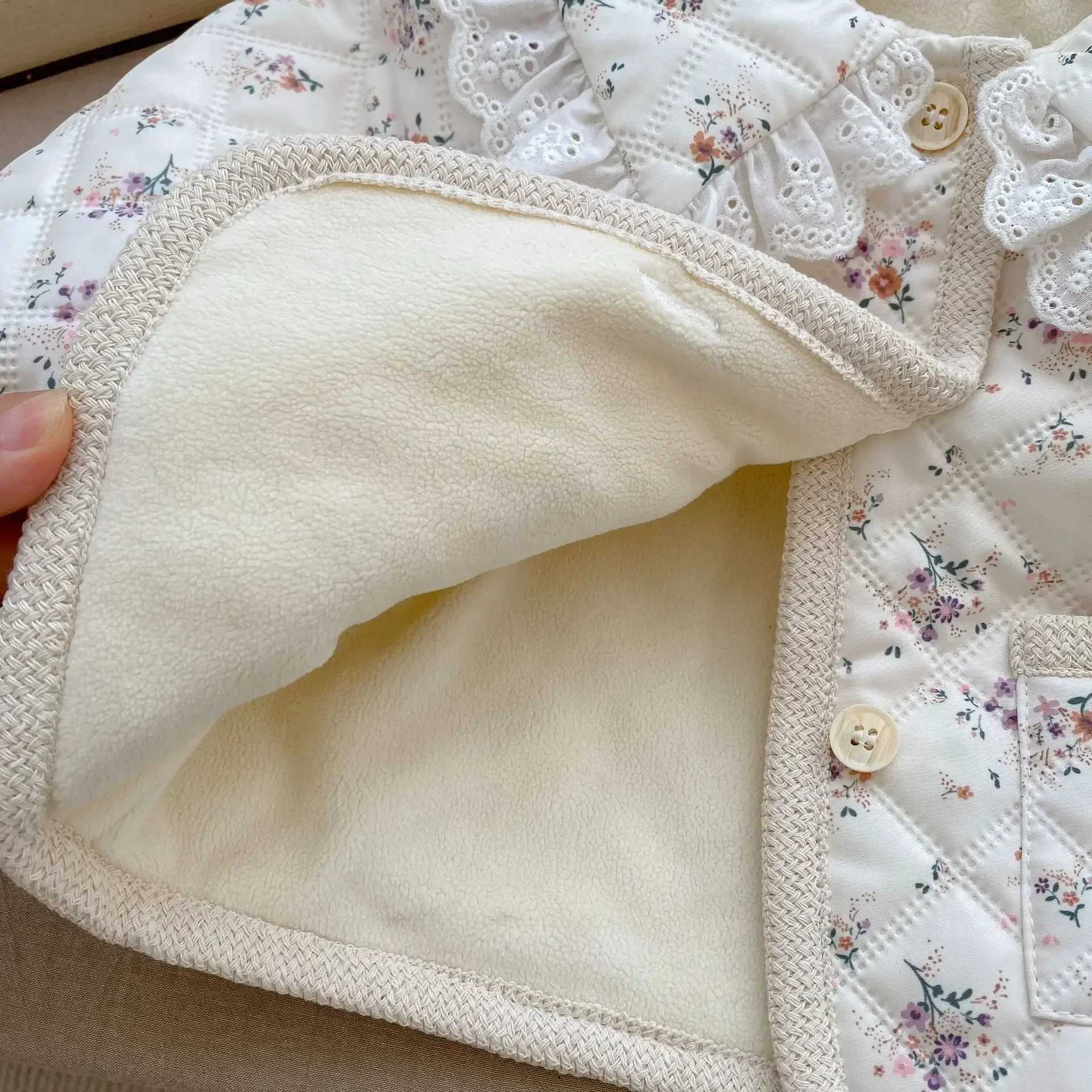 Winter New Baby Long Sleeve Wool Warm Coat Womens Flower Lace Collar Cardigan Cotton Pad Jacket Casual Clothing M241018