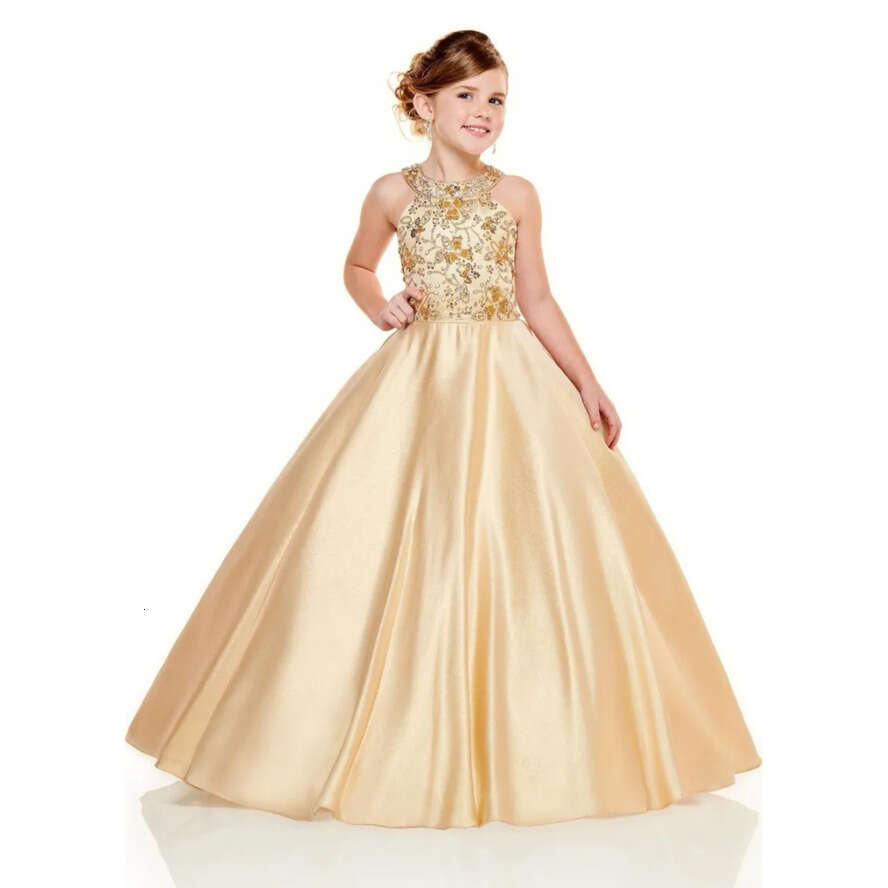 2020 Pageant Newest Girls Dresses Halter Neck A E Gold Beads Crystals Top Long Toddler Kids Formal Party Prom Gowns Wer Girl Wear