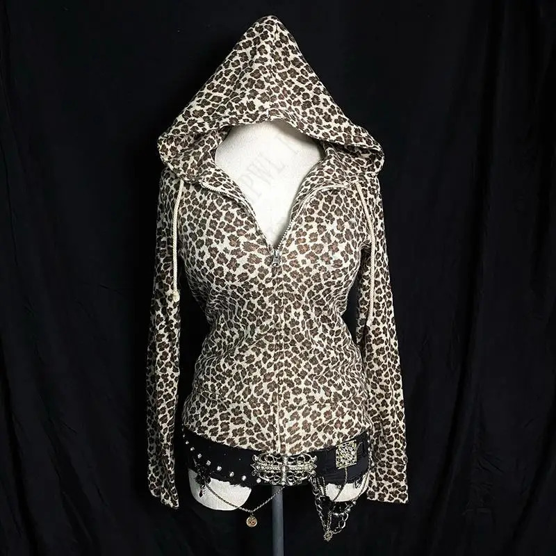 Y2K Zip up hoodie Harajuku Leopard print High street Grunge Goth Fashion Zipper Hoodie sweatshirt Retro Punk Casual Hip Hop Top 241017