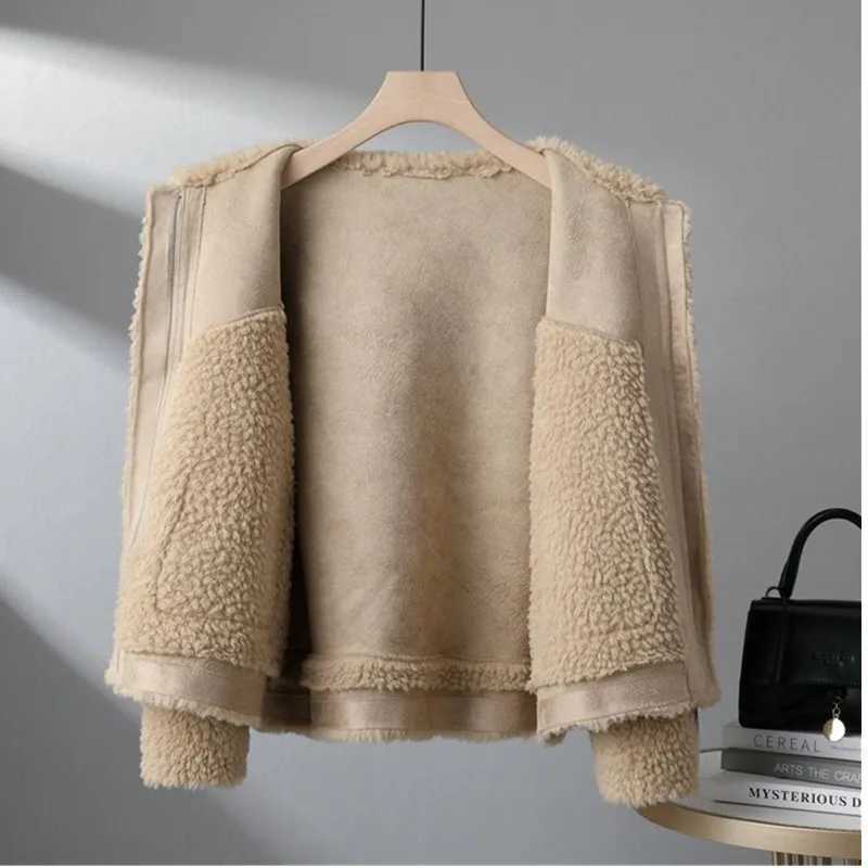 2023 Winter New Particle Splicing Jacket Female Korean Loose Motorcycle Lamb Wool Coat Womens Warm Short Zipper Outwear TopsX241018
