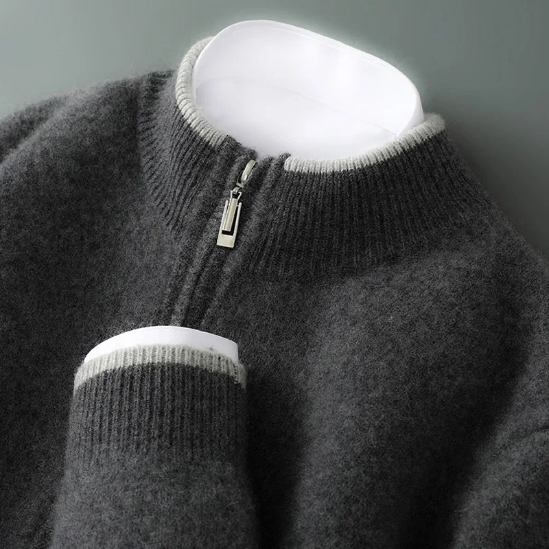 Autumn And Winter Mens Cashmere Sweater SemiHigh Collar Zipper Cardigan Sports Casual Color Matching Knitted Wool Coat 241018