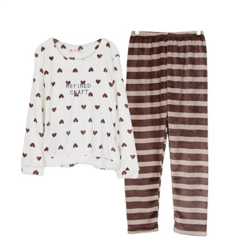 Womens autumn and winter two-piece warm flannel home clothes mens long sleeved pajamas coral velvet O-neck loose cartoon cute 241009