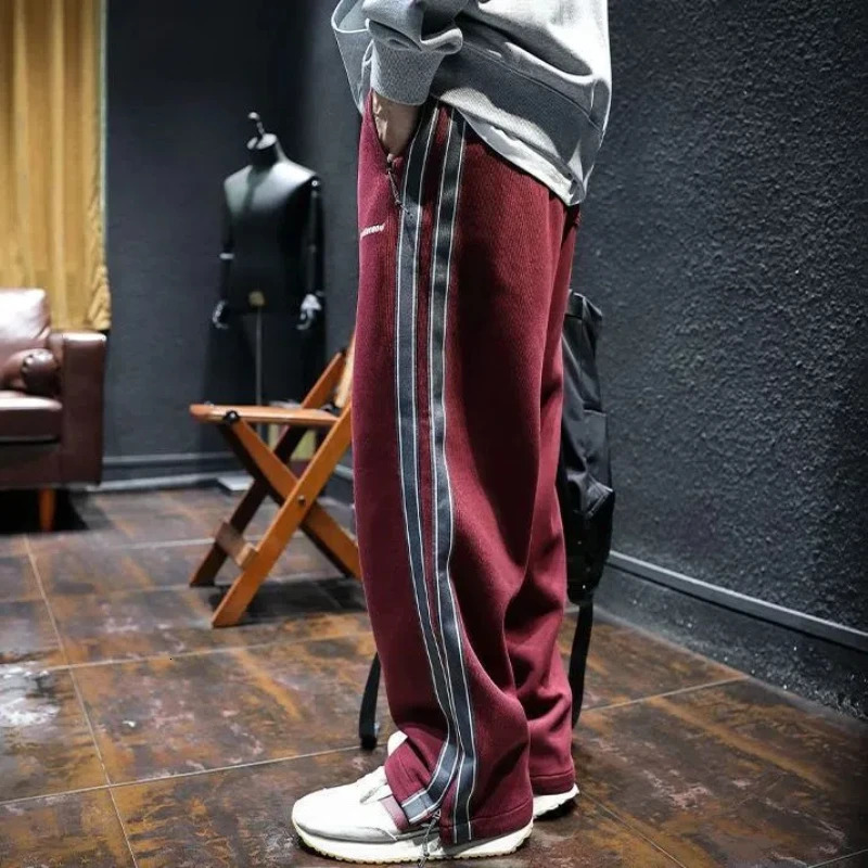 Korean Fashion Autumn Winter Sweatpants Men Elastic High Waist Pockets Striped Contrast Color Zipper Casual Straight Motion Pant 241018