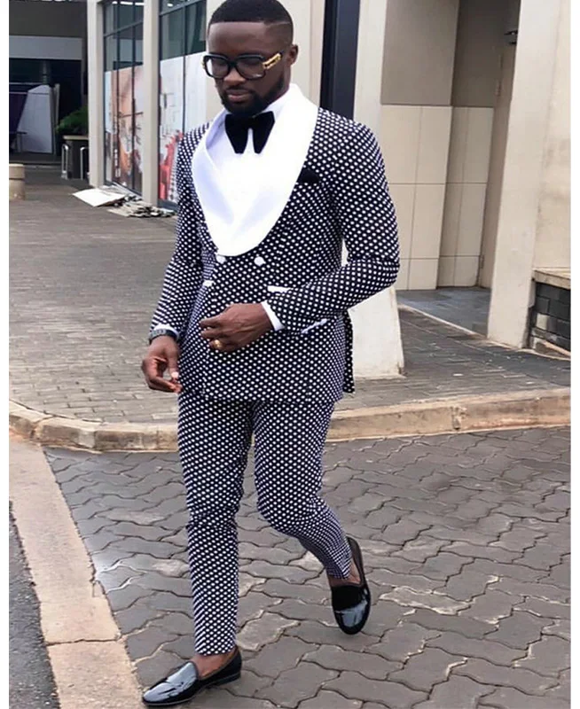 Plaid Dots Suits for Men Slim Fit Wedding Tuxedo with Double Breasted 2 Piece Male Jacket with Pants Fashion Clothes 2025