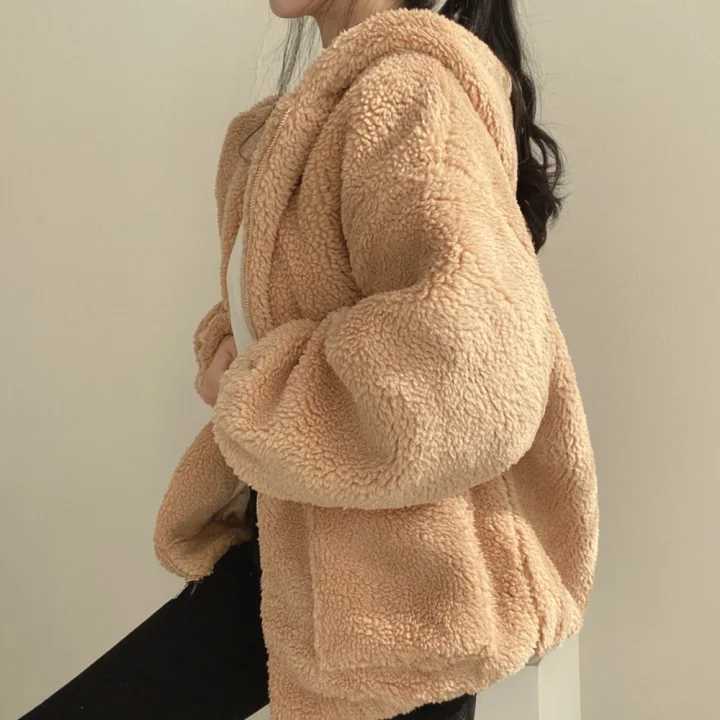 Loose Zipper Hooded Jacket 2024 Women Thicken Korean Version Plush Thickened Lamb Wool Cotton Middle Length Coat WinterX241018