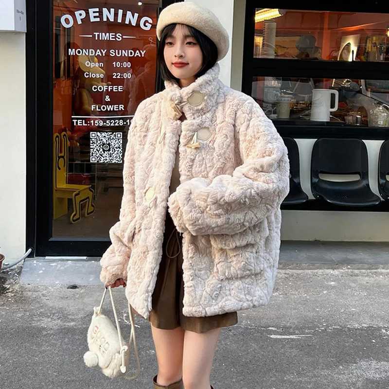 Winter Lamb Wool Coat Womens Korean New Faux Rabbit Velvet Corner Buckle Furry Outercoat Long Sleeve Warm Fur Jacket Female TopX241018