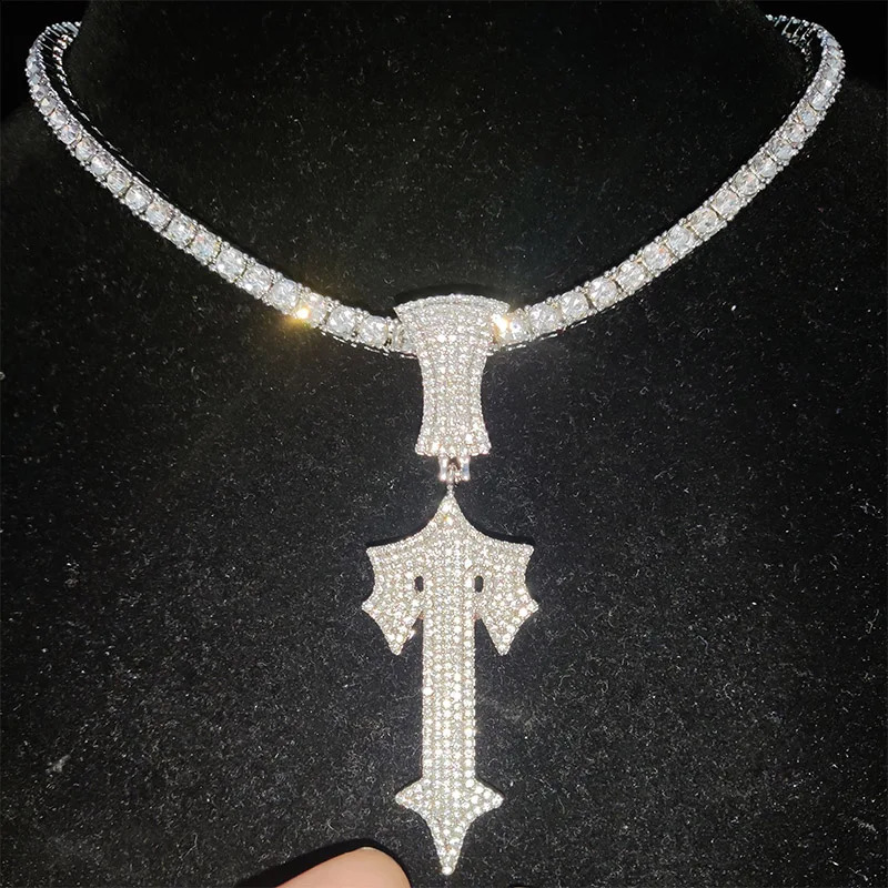 Mens Hip Hop Letter Iced Cross Sword Necklace 4mm Zircon Tennis Chain Hip Hop Pendant Necklace Charm Jewelry 241018