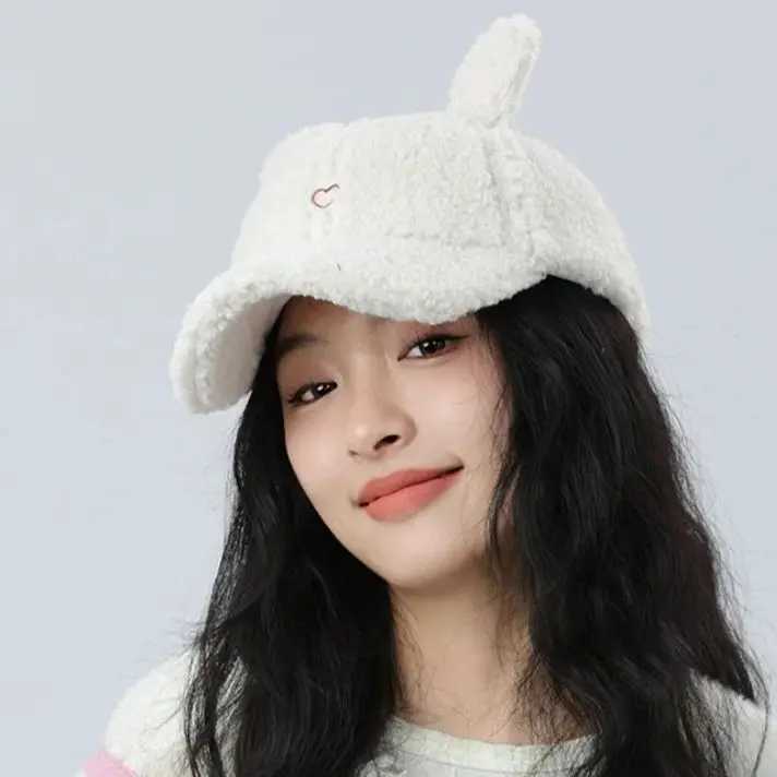 Cartoon Cute Rabbit Ears Plush Baseball Hat Cute Girls Autumn and Winter Warm Lambs Wool Duck Tongue Cap Warm 56-58cmX241018