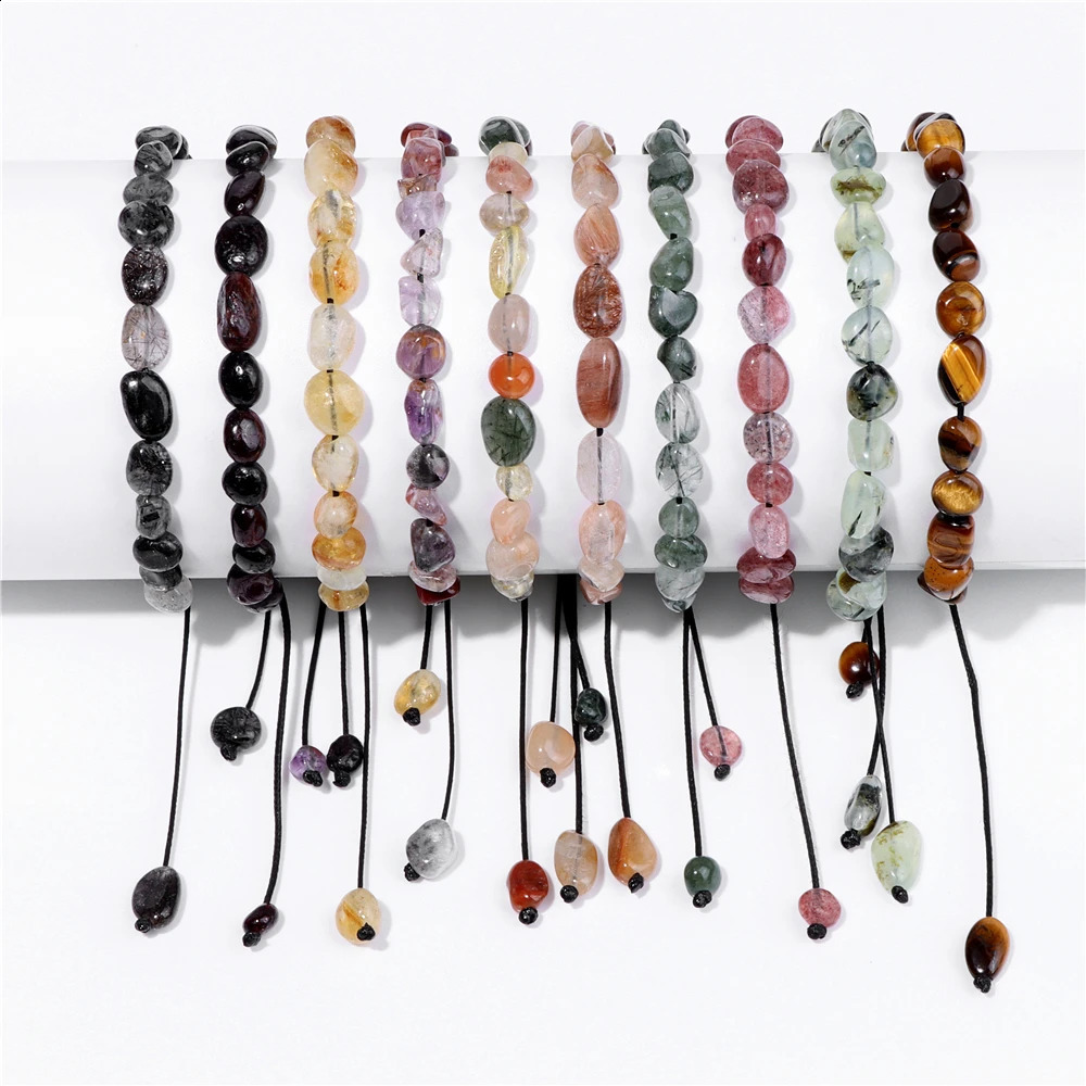 Natural stone irregular bead bracelet with adjustable spiritual energy fluorite lemon stone quartz tiger eye stone woven bracelet 241018