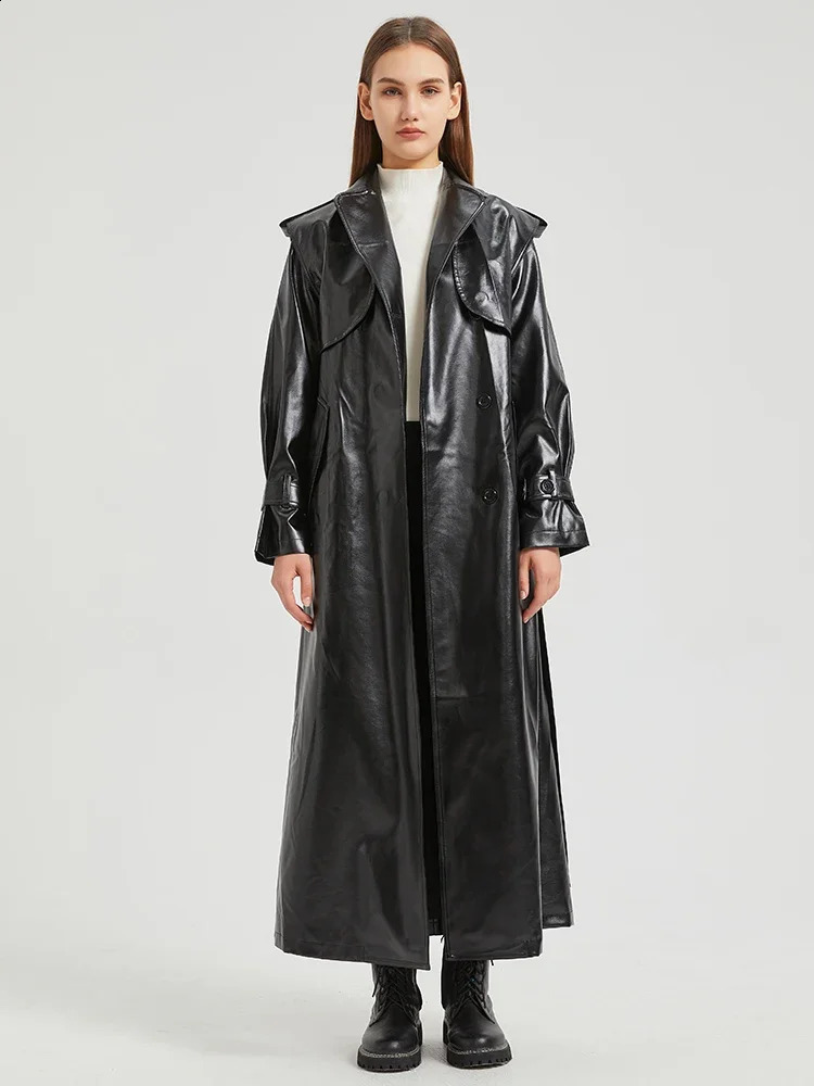 Lautaro Autumn Extra Long Gold Shiny Patent Pu Leather Trench Coat for Women Single Breasted Overcoat 2024 241018