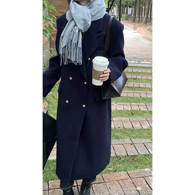 New British Style Navy Blue Woolen Coat Women Jackets Winter Clothes Double breasted Mid Length Wool Suit Jackets Women ClothingX241009
