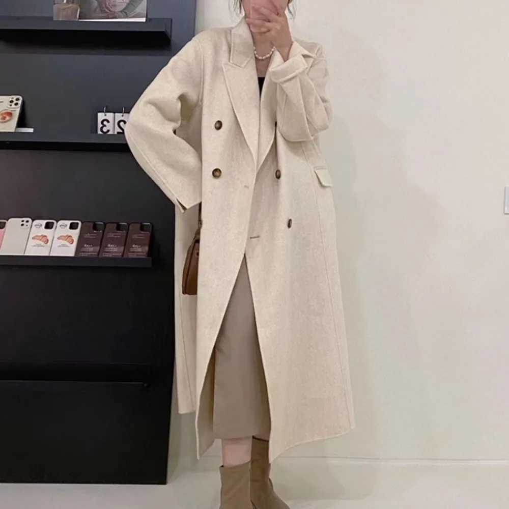 2024 Autumn Winter New Drouble Breasted Woolen Coat Women Tailored Collar Long Loose Woolen Jacket Female Casual Fashion KoreanX241009
