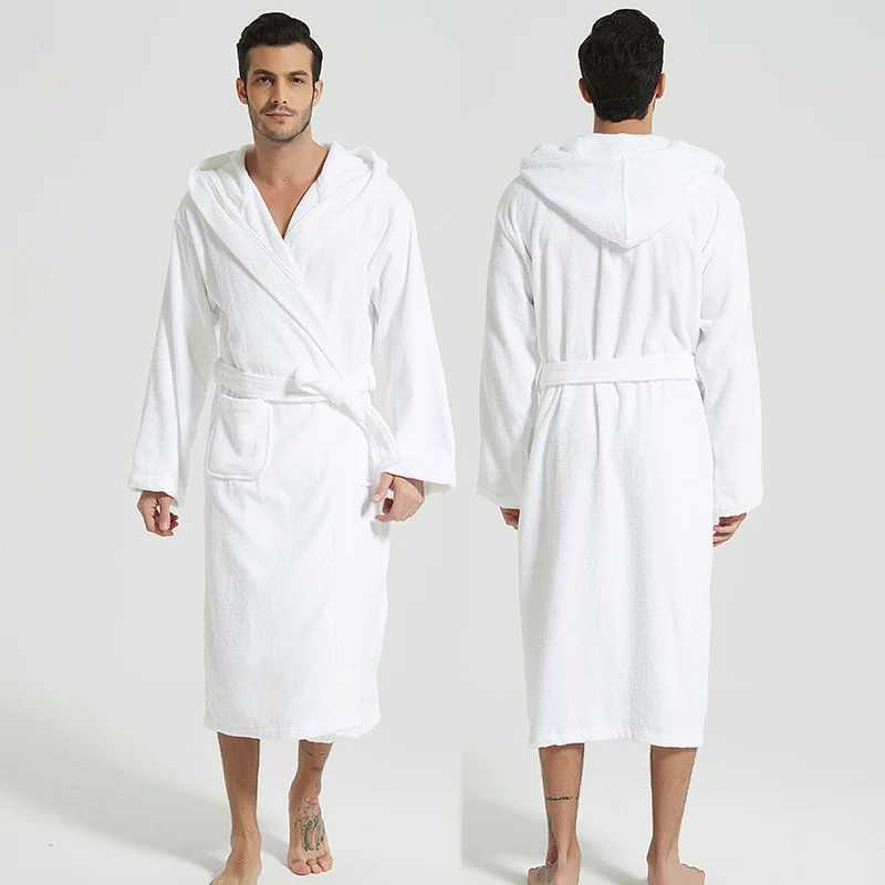 Hooded Bathrobe for Men 100% Cotton Thick Warm Towel Fleece Cotton Dressing Gowns Long Bath Robe Hotel Spa Soft BridesmaidXJ241018