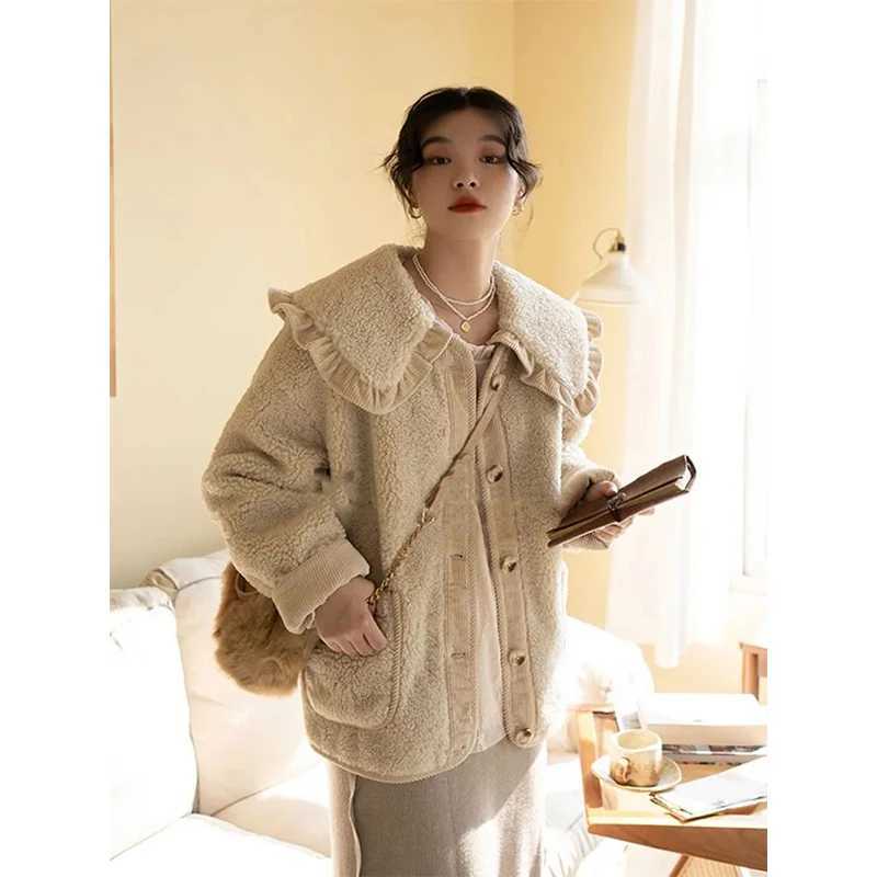MEXZT Sweet Lamb Wool Coat Women Kawaii Peter Pan Collar Plush Jackets Korean Cute Thick Ruffled Patchwork Chic Outwear Tops NewX241018