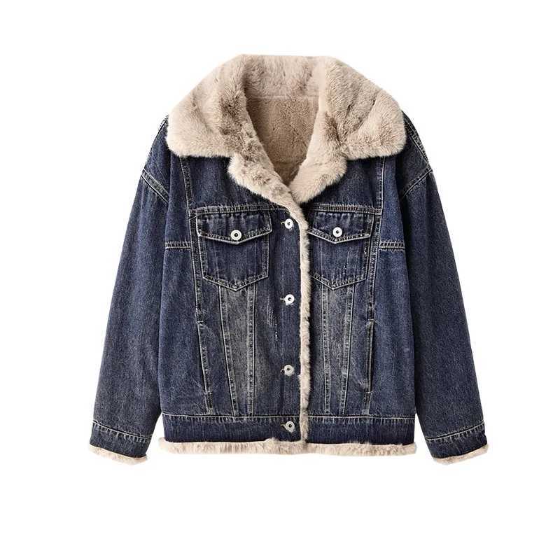 Thickened Denim Wool Jacket Short Velvet Womens Clothing Imitation Lamb Wool Retro Denim Clothing 2024 Autumn and Winter NewX241018