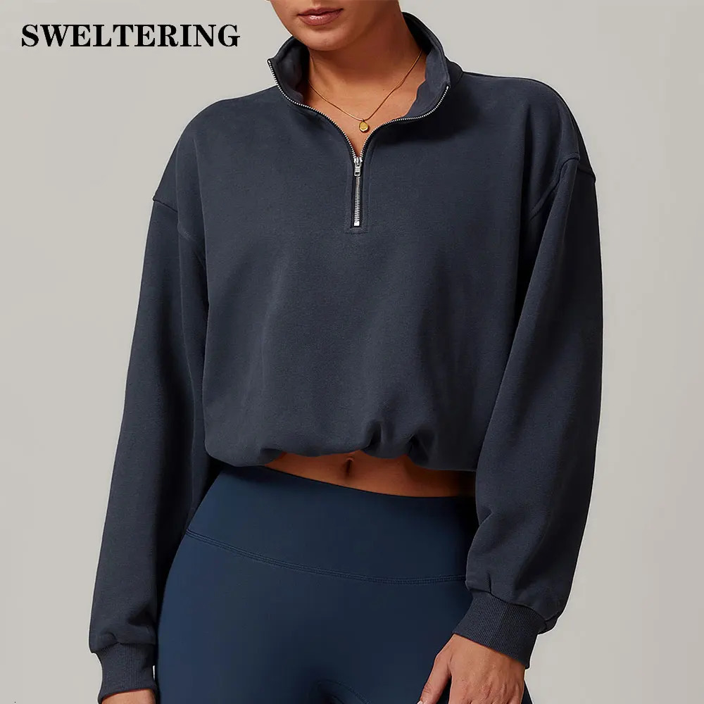 Winter Stand Up Collar Zipper Sports Hoodie Womens Long Sleeved Top Casual Loose Warm Running Fitness 241018