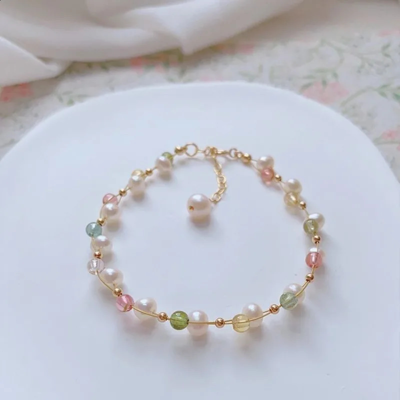 Minar Chic 14K Gold Copper Chain Rainbow Tourmaline Natural Stone Crystal Freshwater Pearl Bead Necklace 241018