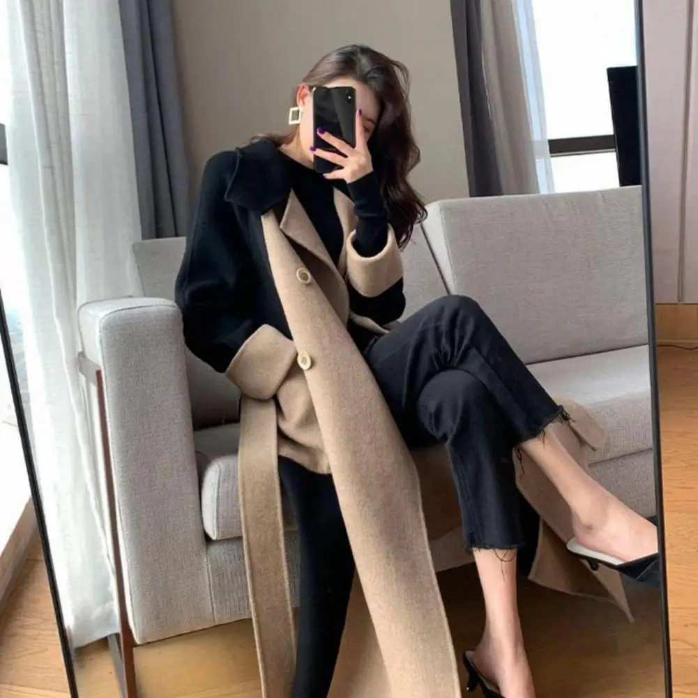 Elegant Doublebreasted Women Woolen Coat Autumn Winter Womens Long Style Contrasting Color Temperament Overcoa 241018