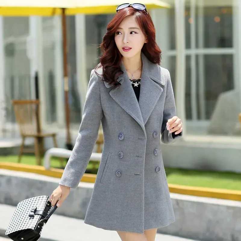 Autumn Winter New Women Mid-Length Woolen Coat Solid Color Double Breasted Slim Wool Jacket Korean Elegant Female Outerwear B214X241009