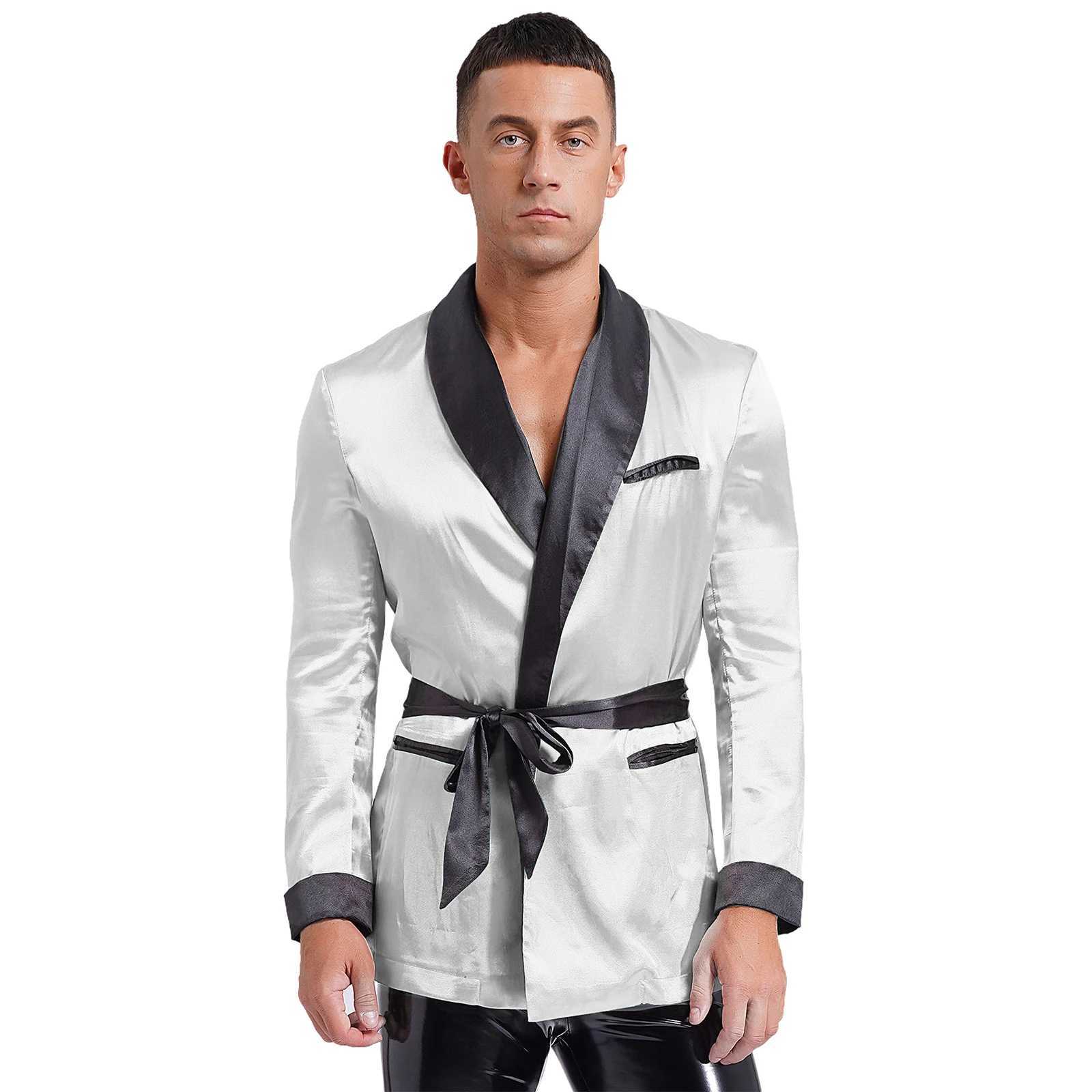 Mens Satiny Smoking Jacket Robe Nightwear Sleepwear V-Neck Short Coats House Kimono Bathrobe with Belt Gym Wear Spa Bathing SuitXJ241018