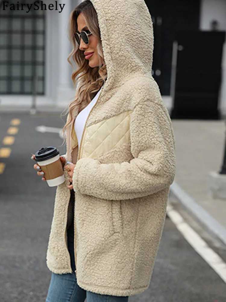FairyShely 2024 Winter Solid Patchwork Women Jacket Thick Plush Hooded Warm Long Sleeve Long Coat Soft Zipper Cardigan Lady CoatX241018