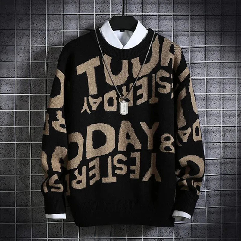 Fashion ONeck Long Sleeve Casual Letter Sweaters Mens Clothing Autumn Winter Loose Korean Pullovers Punk Tops 241018