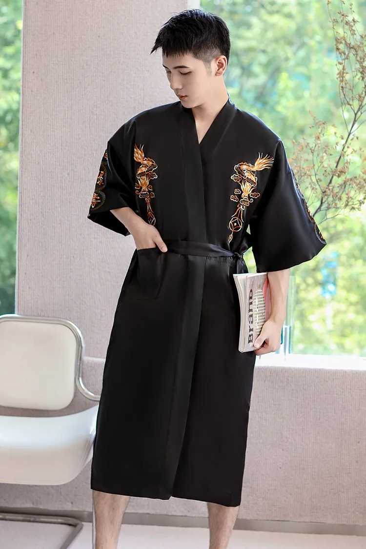 Black Satin Men Kimono Gown Embroidery Dragon Robe Casual Bathrobe Gown Male Loungewear V-neck Sleepwear Loose Home ClothesXJ241018