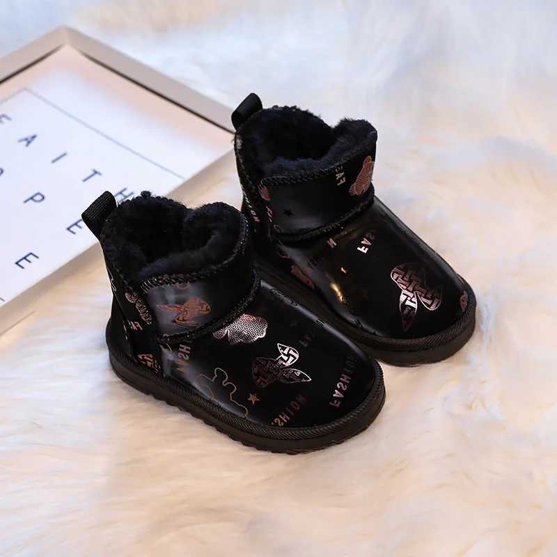 Boots Fashionable girls winter thick boots warm childrens cotton shoes plush cute printed childrens snow boots soft sole non slip sports shoes H241018