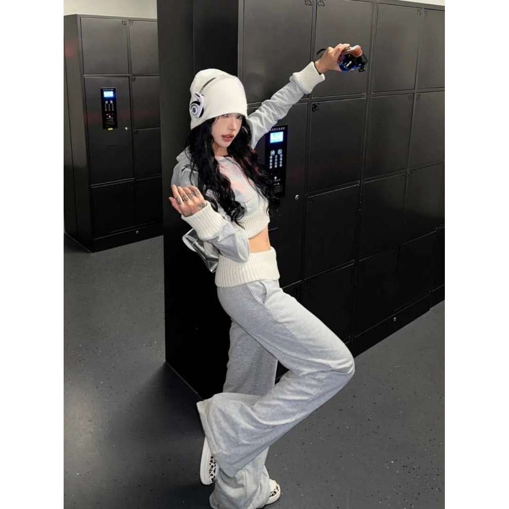 Casual All-Match Gray Hoodie Sweatshirts Coat Women+ Y2k High Waist Loose Wide Leg Pants 2024 Autumn New Two Piece Sets