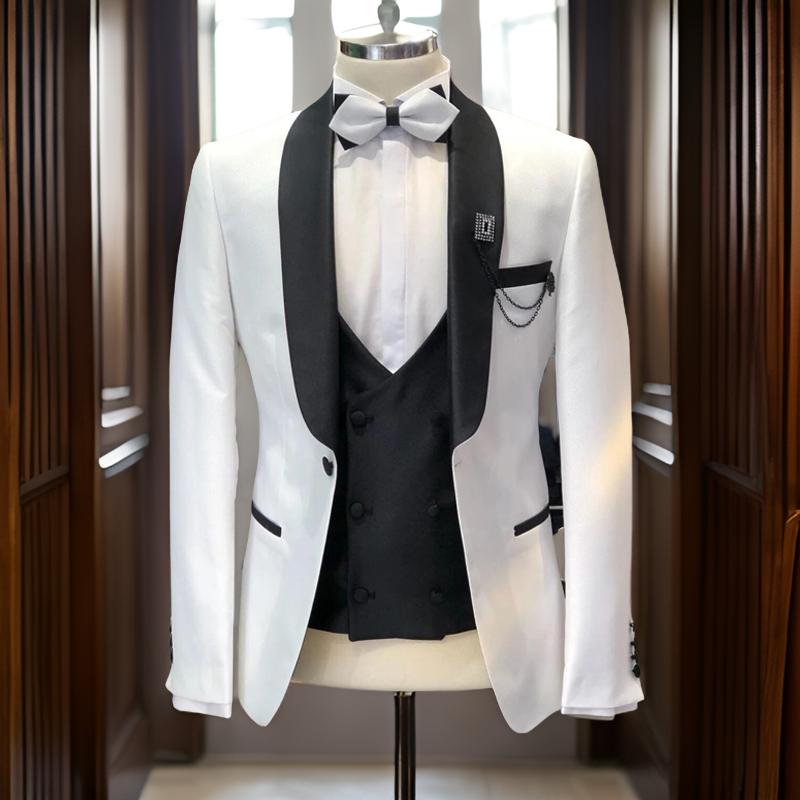 3 Pieces Wedding Tuxedos White Slim Fit Men Suits Jacket with Black Pants Vest Formal Fashion Groomsmen Wear 2024