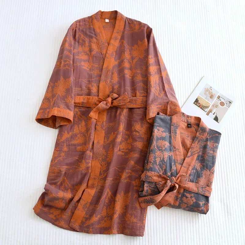 Womens Printed Cotton Loose Fitting Bathrobe Japanese Style Tie Up Kimono Bathrobe Sweat Steaming Cotton Pajamas Robes WomenXJ241018
