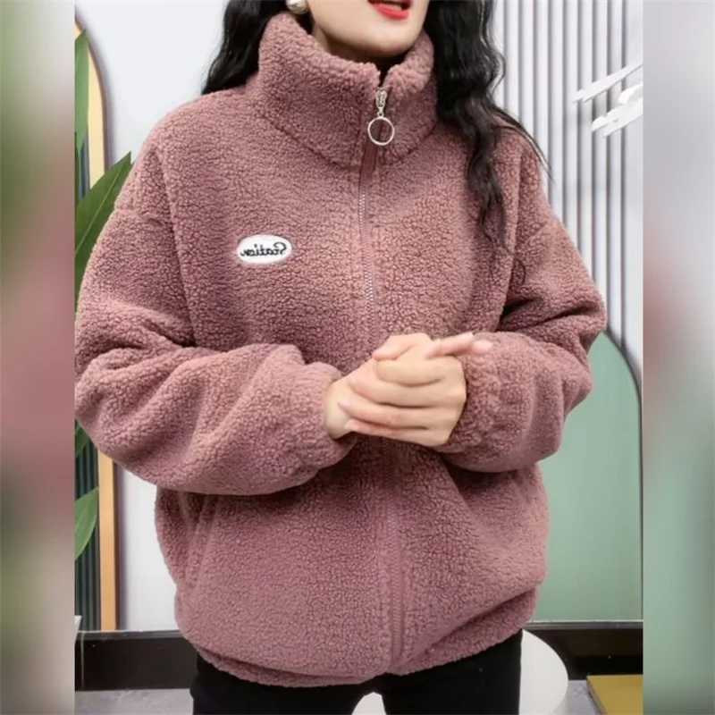 2024Winter New Coat Plus Velvet Padded Warm Jacket Womens Large Size Polar Fleece Outwear Loose Lambswool Coat Female Tide TopsX241018
