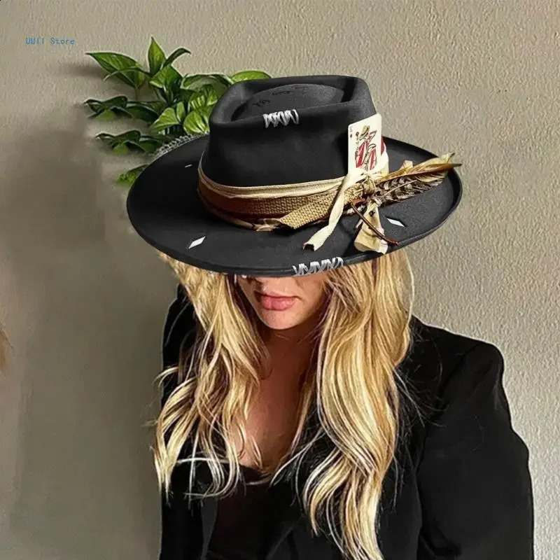 Distressed Hat for Men Women with Woven Belt Wool Cosplay Costume Blues Caps Stage Show Props 241017