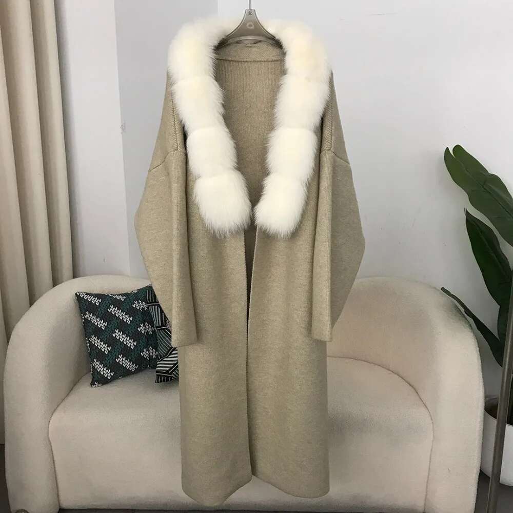 New Autumn/Winter Slouchy Long Over Knee Knitted 2024 Real Jacket Women's Natural Fox Fur Collar Loose Coat
