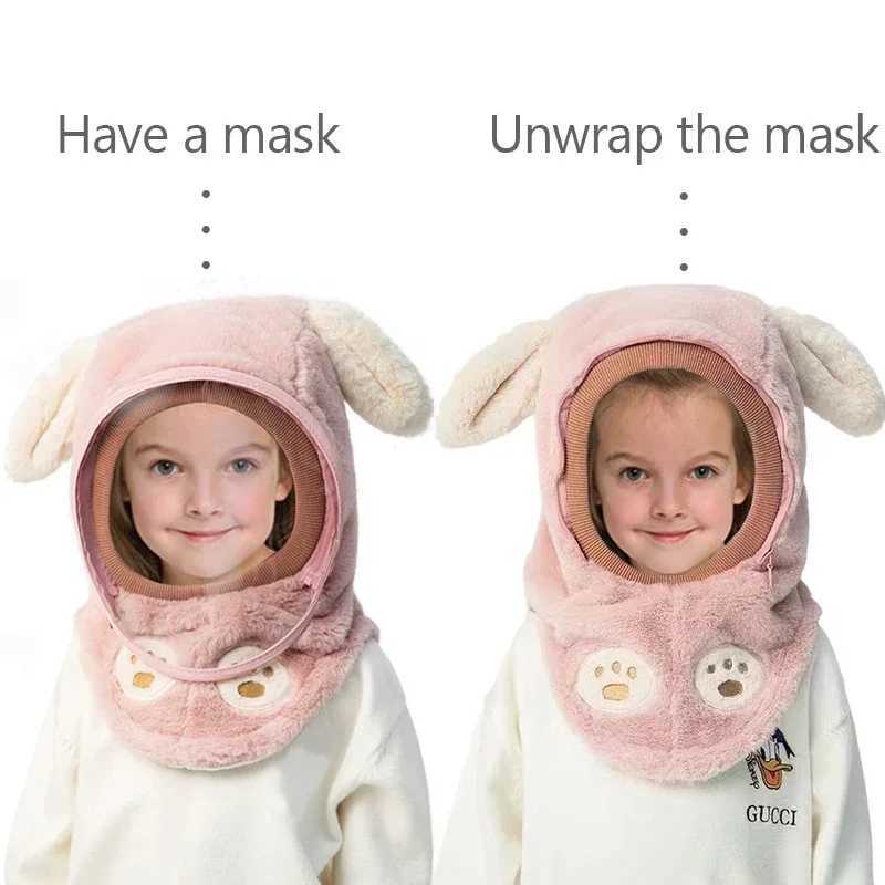 Kids Windproof Mask Integrated Hat Cute Rabbit Ears Plus Velvet To Keep Warm Hat Winter Cap for Kids for Boys Girls Accessories LX241018