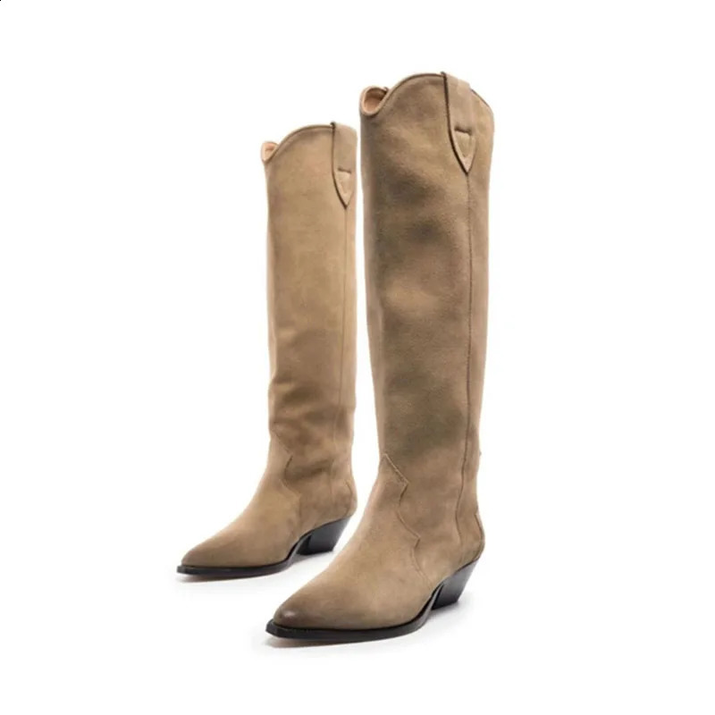 Arden Furtado cowboy women British style brown Western Boots chunky heels Pointed toe suede knee high boots 241031