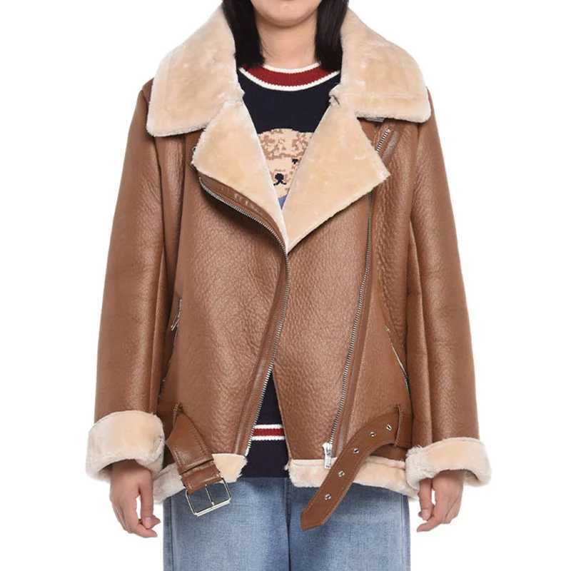 New Women Winter Lambs Wool Jackets Fur Collar Zipper Parka Warm Thick Outerwear Faux Lamb Leather Jacket Leather CoatX241018