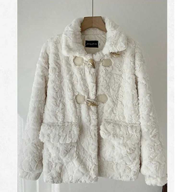 Winter Lamb Wool Coat Womens Korean New Faux Rabbit Velvet Corner Buckle Furry Outercoat Long Sleeve Warm Fur Jacket Female TopX241018