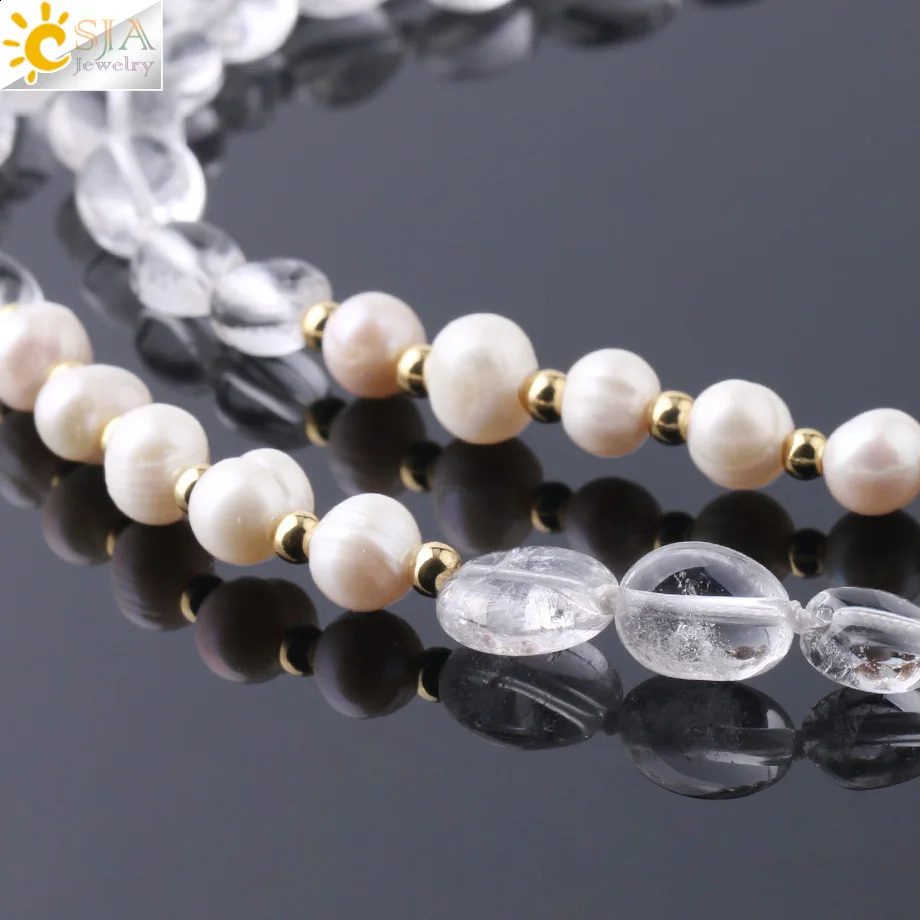CSJA Boho Irregular Natural Stone Pearl Necklace Knot White Crystal Pendant Womens Sweater Necklace F774 241018