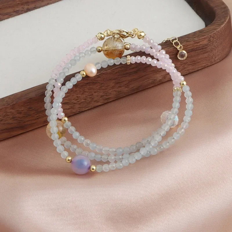 Minar Retro multi-color natural stone crystal aquamarine gemstone freshwater pearl three-layer bead chain bracelet 241018