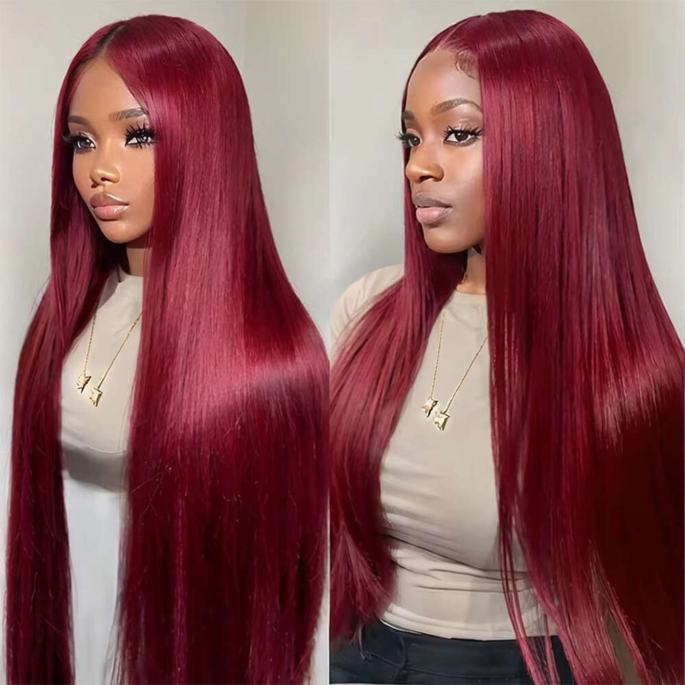 13x6 Silky Straight Lace Front Human Hair Wig For Women Pre Plucked 99J Burgundy Colored Lace Frontal Human Hair Wig Hot Selling