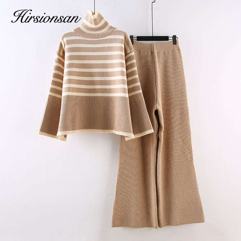 Hirsionsan Turtleneck Sweater And Wide-Leg Pants Two-Piece Suit Women Fashion Slim Loose Slit Knitted Sets Female Casual Outfits