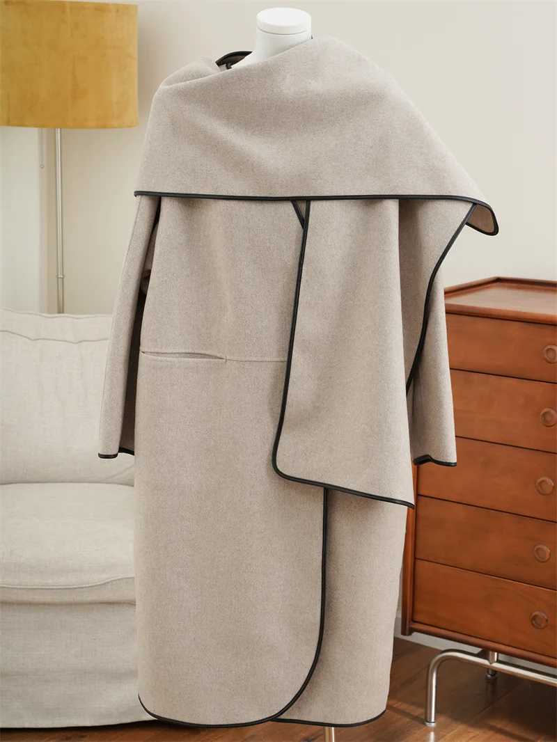 Womens Wool Blend Scarf Woolen Coat 2024 Winter Solid Color Long Sleeve Ladies Casual Loose Straight Warm Mid-Length JacketX241009