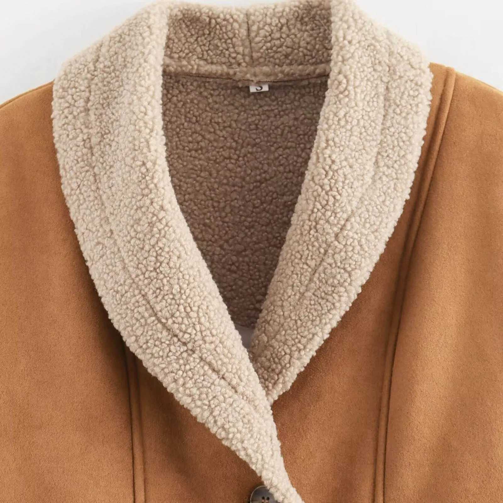 Chic Lapel Lamb Wool Patchwork Coat Women Casual Button With Pocket Thickened Jacket 2024 Autumn Winter New Lady Retro OuterwearX241018