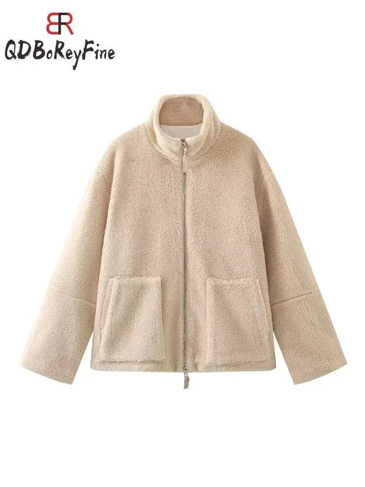 Women Winter Coat Thick Warm Lamb Wool Plush Jacket Casual Oversized Long Sleeve Tops Teddy Fleece Zipper Faux Lamb OvercoatX2410