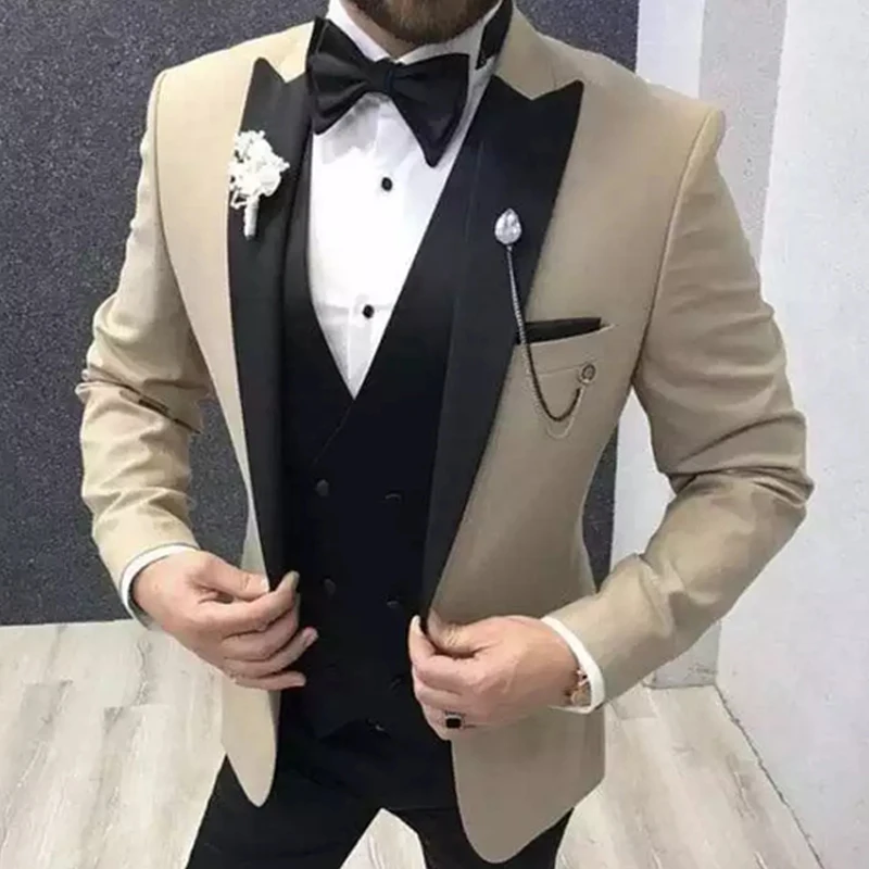 Men Suits Slim Fit For Wedding Groom Tuxedo Peaked Lapel 3 Piece Formal Male Fashion Jacket with Black Pants Vest 2025